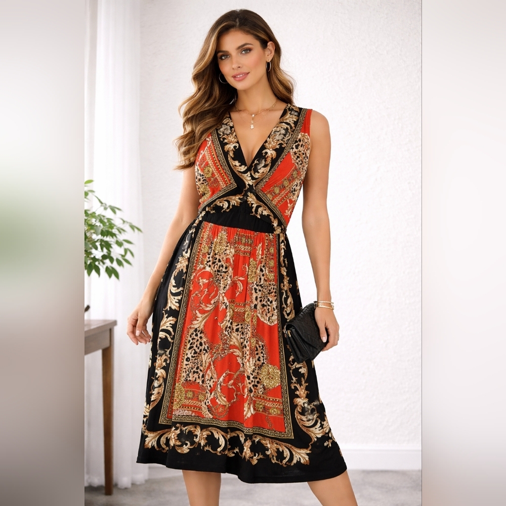 Kiwi Red and Black Baroque Maxi Dress